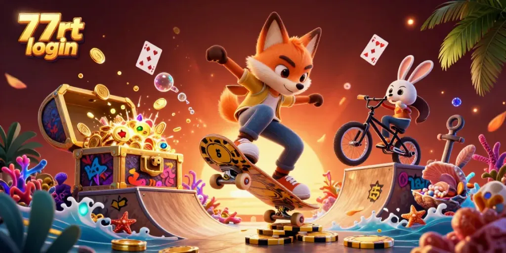 Engage in thrilling gaming with 77rt login through vibrant characters and casino symbols.