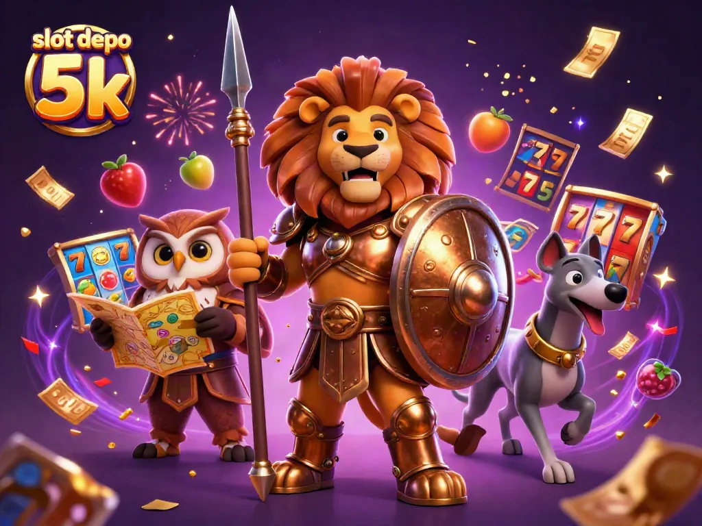 Engage in thrilling gameplay at slot depo 5k, featuring vibrant slot reels and a dynamic jackpot scene.