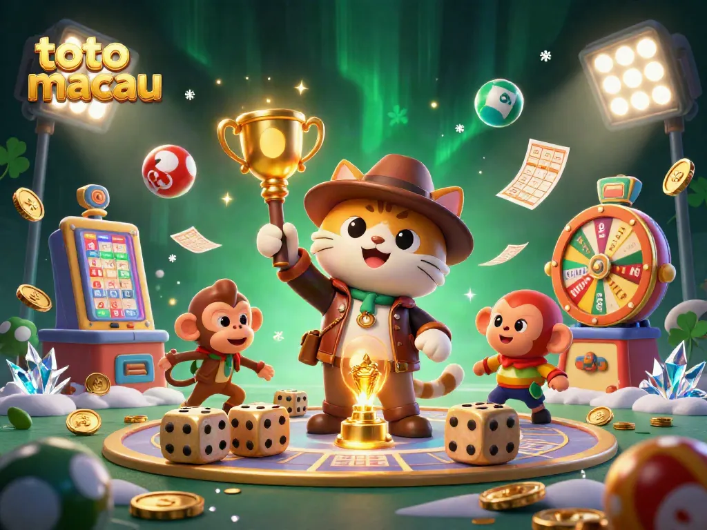 Menggambar tindakan bermain togel macau dengan karakter penjelajah kucing dan kawan monyet yang menemukan artefak casino.