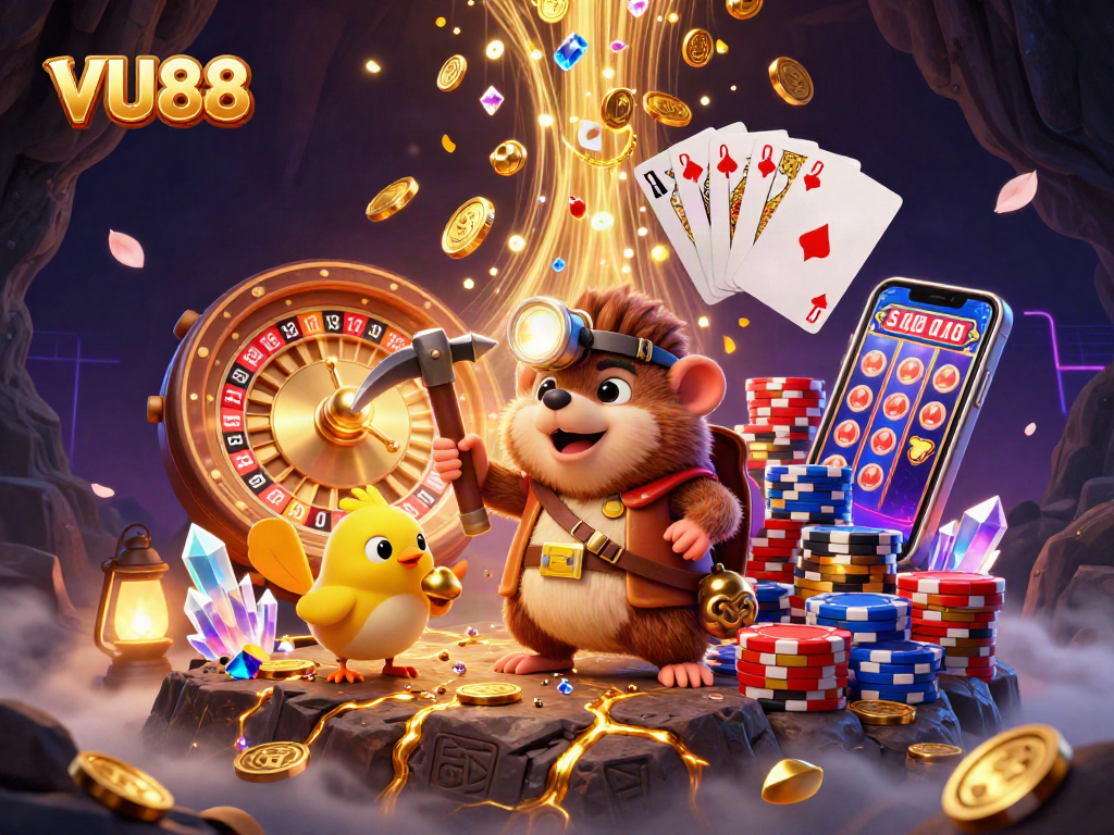 Win at VU88 with a treasure-hunting mole in a dazzling casino atmosphere full of gems and coins.