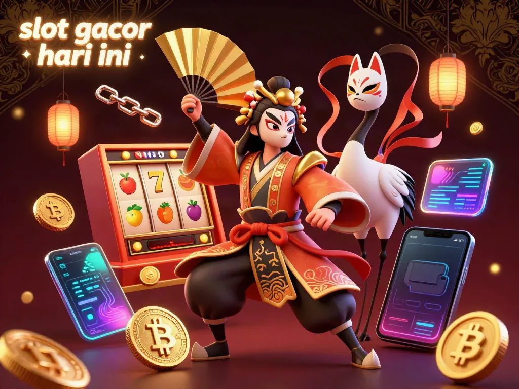 Engage in the thrilling world of slot gacor hari ini with a vivid 3D illustration featuring kabuki warriors and interactive casino elements.