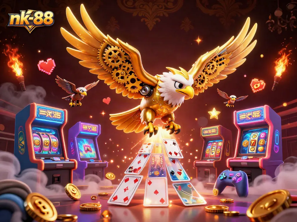 Engage with the exciting world of nk-88 by diving into a colorful casino adventure featuring a golden eagle and vibrant arcade elements.