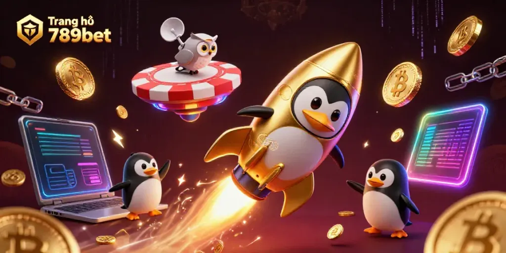 Experience the excitement of Trang chủ 789bet with a dynamic 3D illustration of a golden penguin in space.