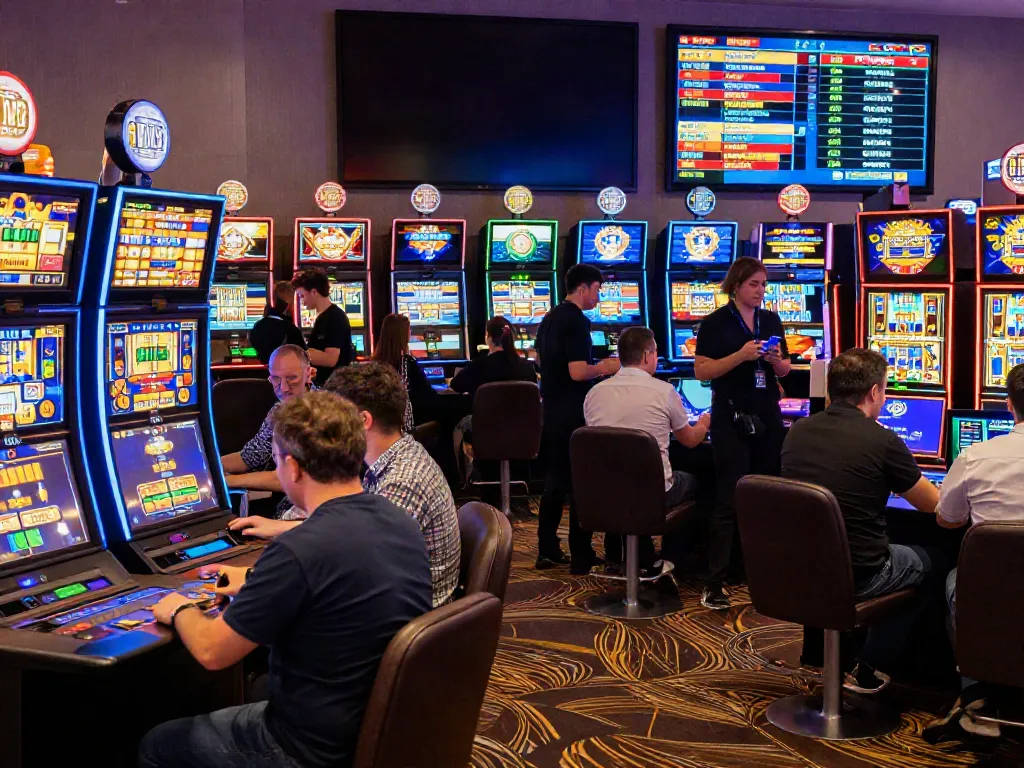 Casino news scene showcasing diverse players engaging with gaming machines amidst vibrant casino atmosphere.