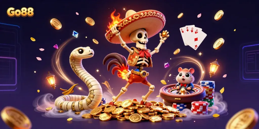 Experience the excitement of Go88 with a lively cartoon scene celebrating gaming, coins, and jackpots.