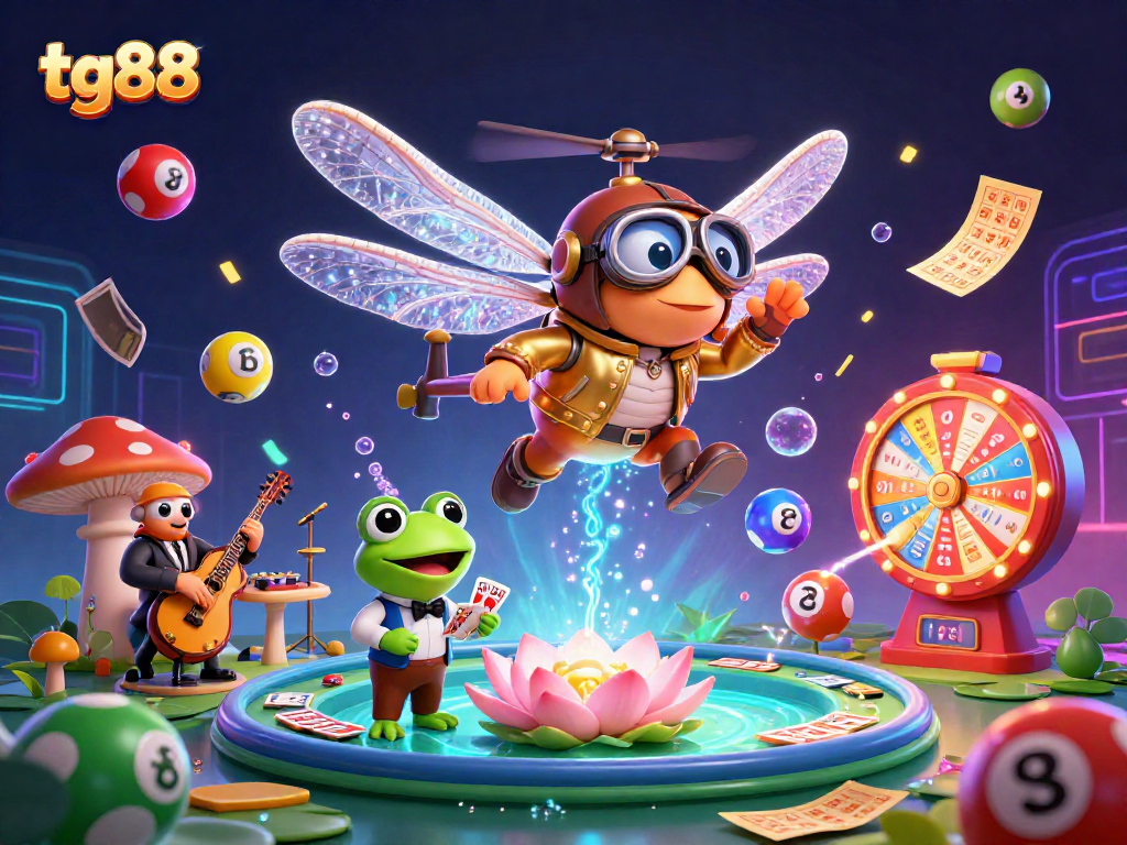 Experience the excitement of tg88 with a lively casino scene featuring a dragonfly pilot and frog croupier.