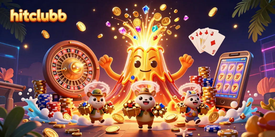 Engage with hitclubb's action-packed 3D illustration featuring a golden volcano and treasure-seeking animals.