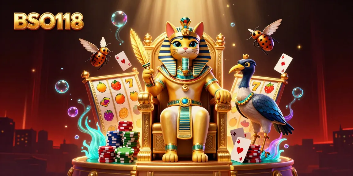 Experience the thrill of BSO118 with a vibrant 3D casino scene full of slot reels and exciting characters.