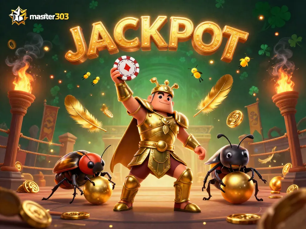 Master303 mengangkat chip poker dalam pose kemenangan di tengah arena pertarungan, dikelilingi efek api dan koin emas.