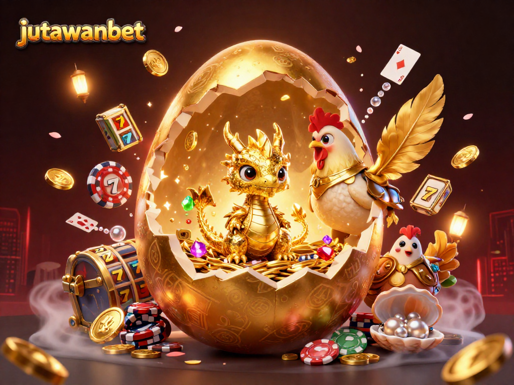 Engage with jutawanbet's exciting slot experience featuring vibrant gaming elements and a treasure-filled backdrop.