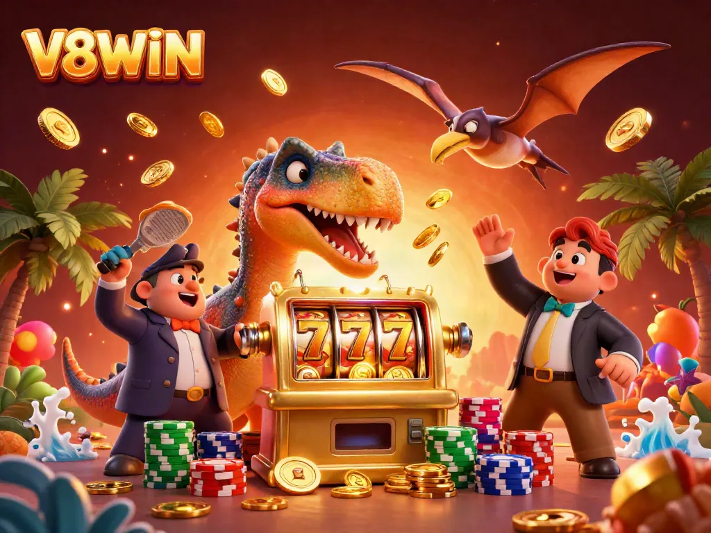 V8WIN jackpot celebration with a pachycephalosaurus and casino elements in a vibrant scene.