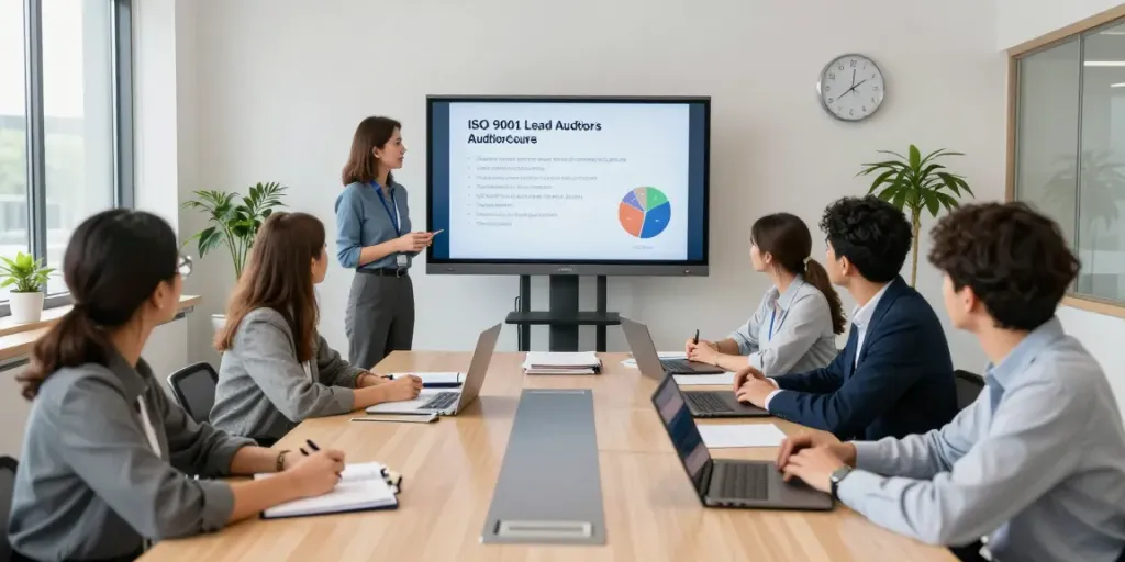 Participants in an ISO 9001 Lead Auditor Course engaging in a collaborative training session with materials and digital presentations.