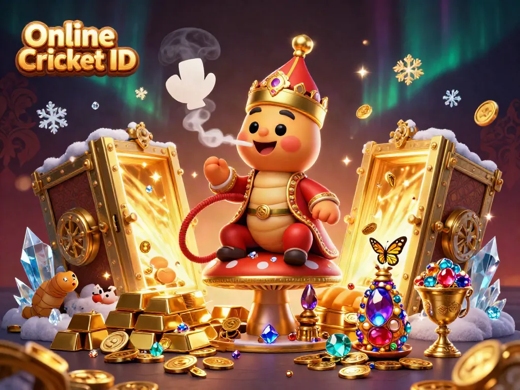 Engage in thrilling cricket betting with an Online Cricket ID, illustrated in a vibrant scene filled with jewels and excitement.