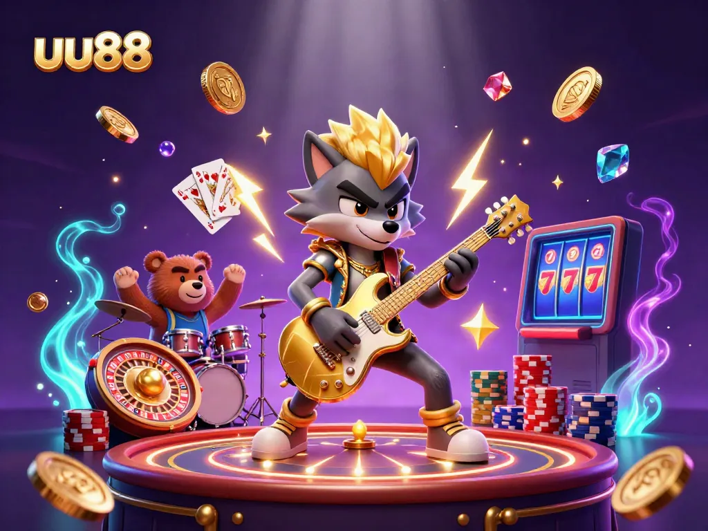 Experience excitement at uu88 with a vibrant casino scene featuring characters and slot elements.