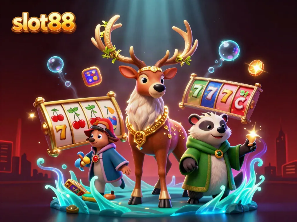Experience the thrill of slot88 with a vibrant 3D illustration featuring dynamic slot elements.