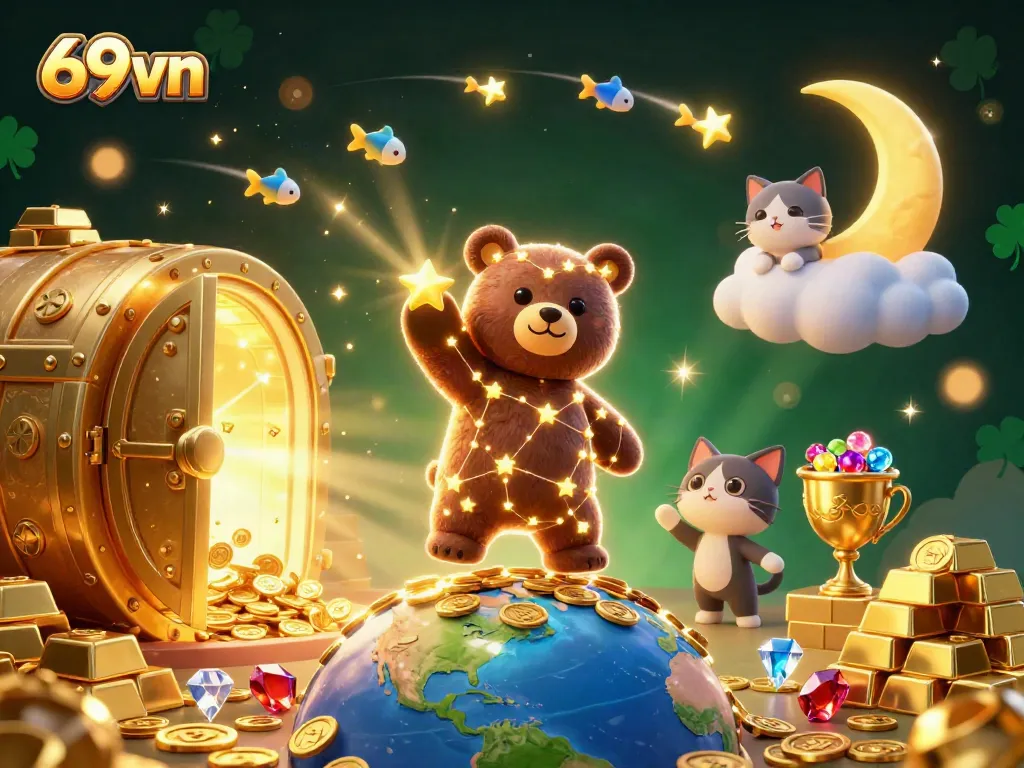 Engage with 69vn's vibrant casino world as golden stars and treasures illuminate the night.