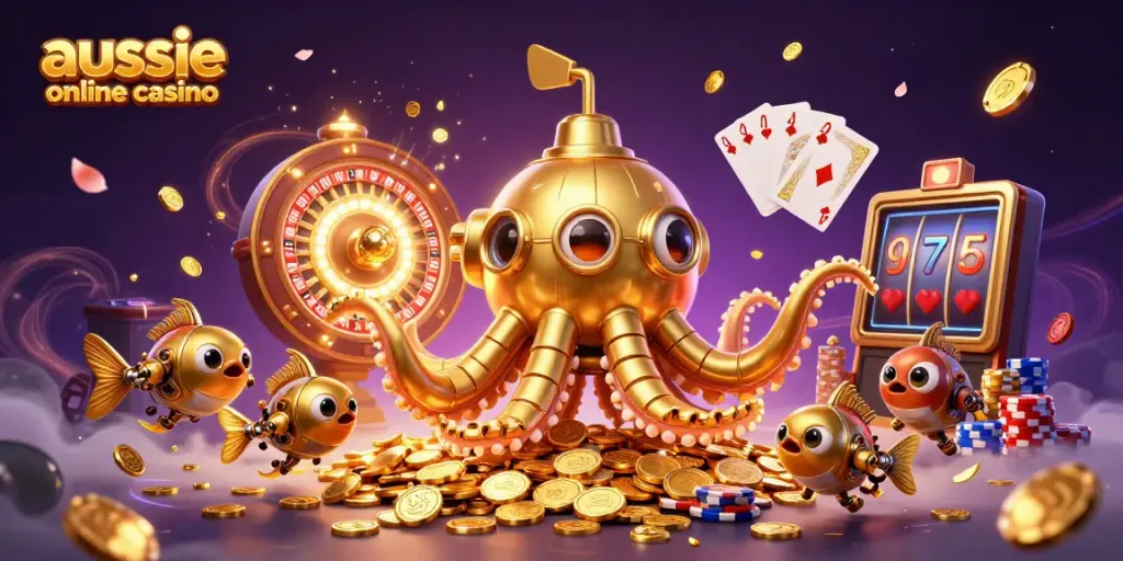 Experience the thrill of the aussie online casino with a golden kraken submarine amidst a dazzling prize pool.