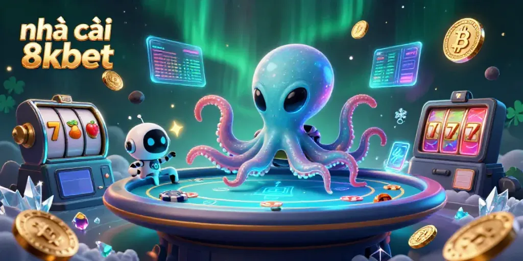Engage with nhà cái 8kbet's thrilling slot experience through this vibrant 3D illustration featuring an exciting alien casino.