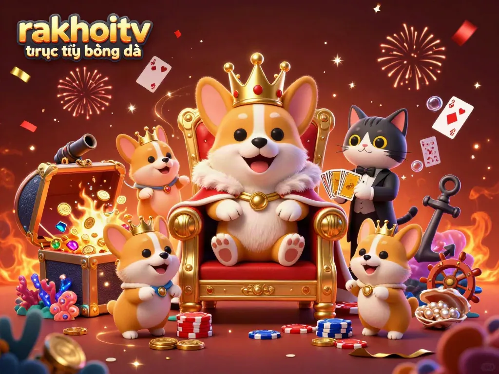 Experience rakhoitv trực tiếp bóng đá with a vibrant 3D scene of a royal corgi and cat butler amid explosion of coins and festive lights.