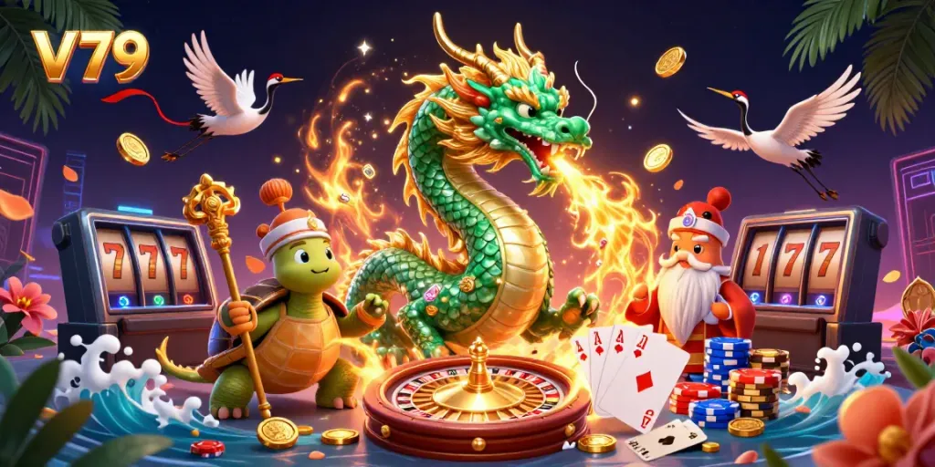 Experience the thrill of V79 with a vibrant 3D scene featuring a jade dragon, turtles, and gold coins.