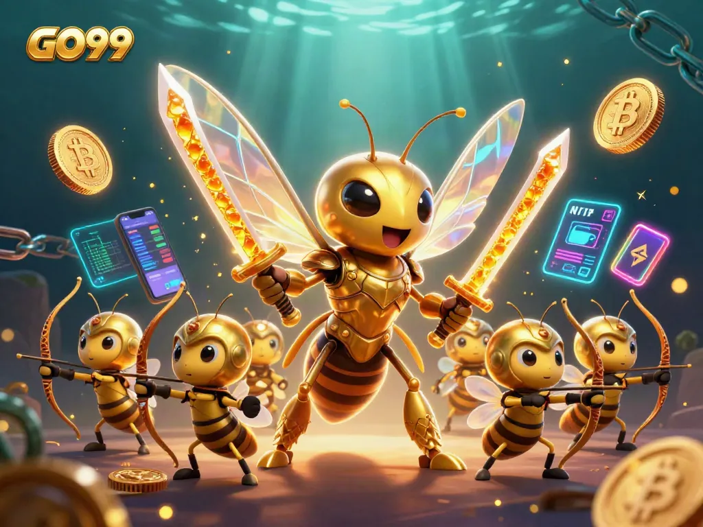 Engage with GO99's dynamic casino experience featuring vibrant characters and swirling cryptocurrencies.