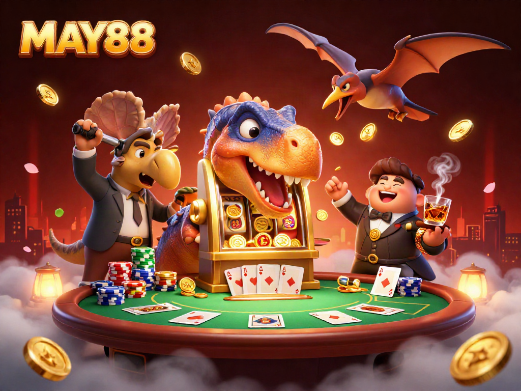 MAY88 showcases a pachycephalosaurus winning a jackpot at a slot machine amid casino excitement.
