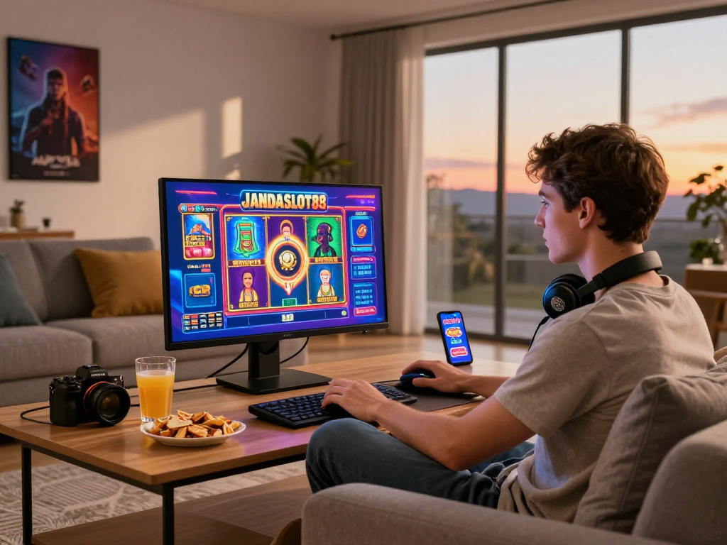 Pengalaman bermain online di jandaslot88.com, pria muda bermain slot dengan nyaman di rumah.