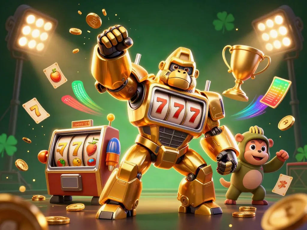 Engaging illustration featuring luxury111's golden gorilla mech celebrating big wins with casino symbols.