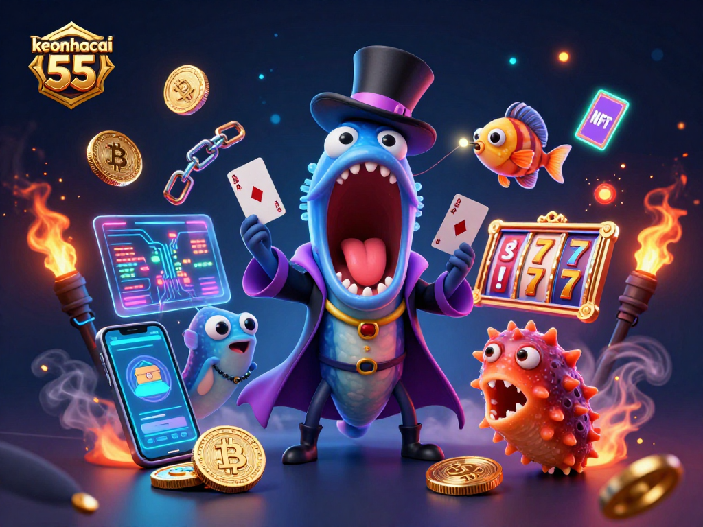 Engage in thrilling card tricks with keonhacai 55 in this vibrant, animated casino scene.