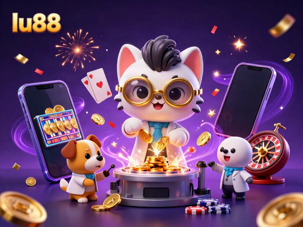 Spin and win with lu88 in this vibrant 3D casino scene featuring a mad scientist cat and dog creating golden coins.