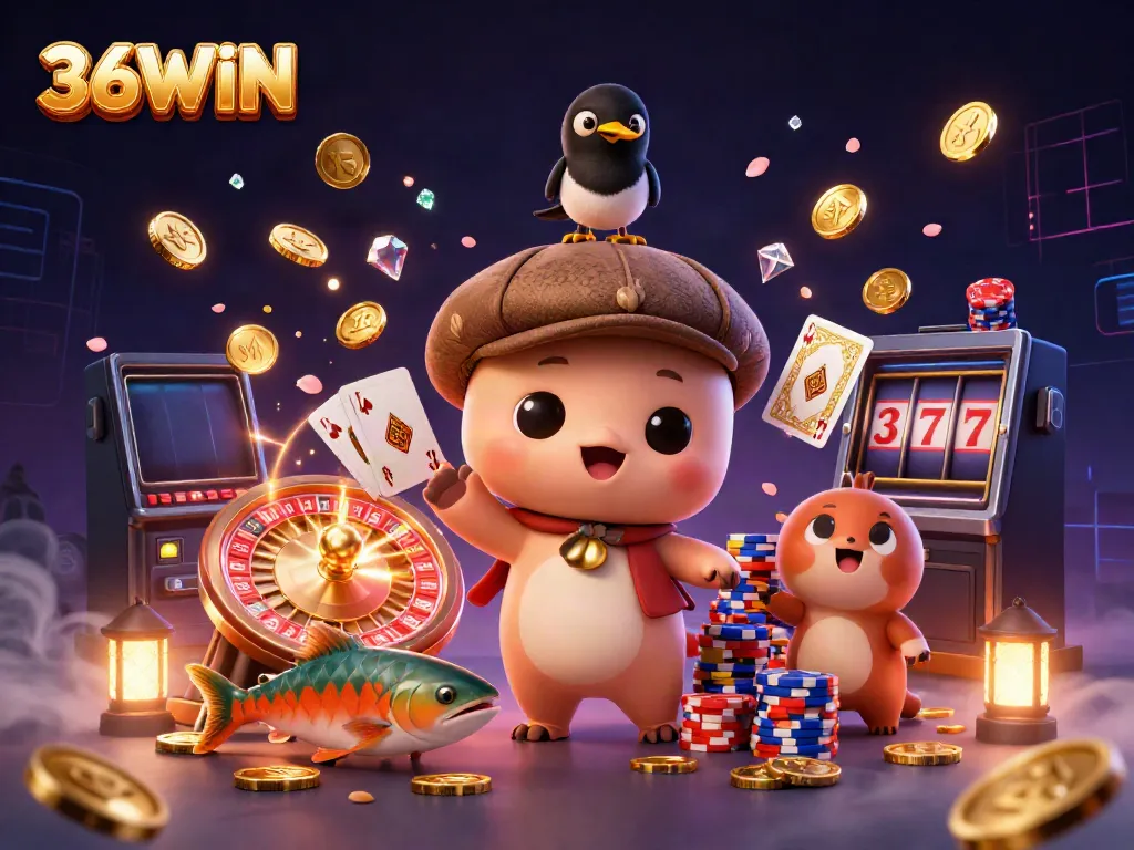 Engage in thrilling gameplay at 36WIN with a dynamic scene featuring cartoon characters and casino elements.