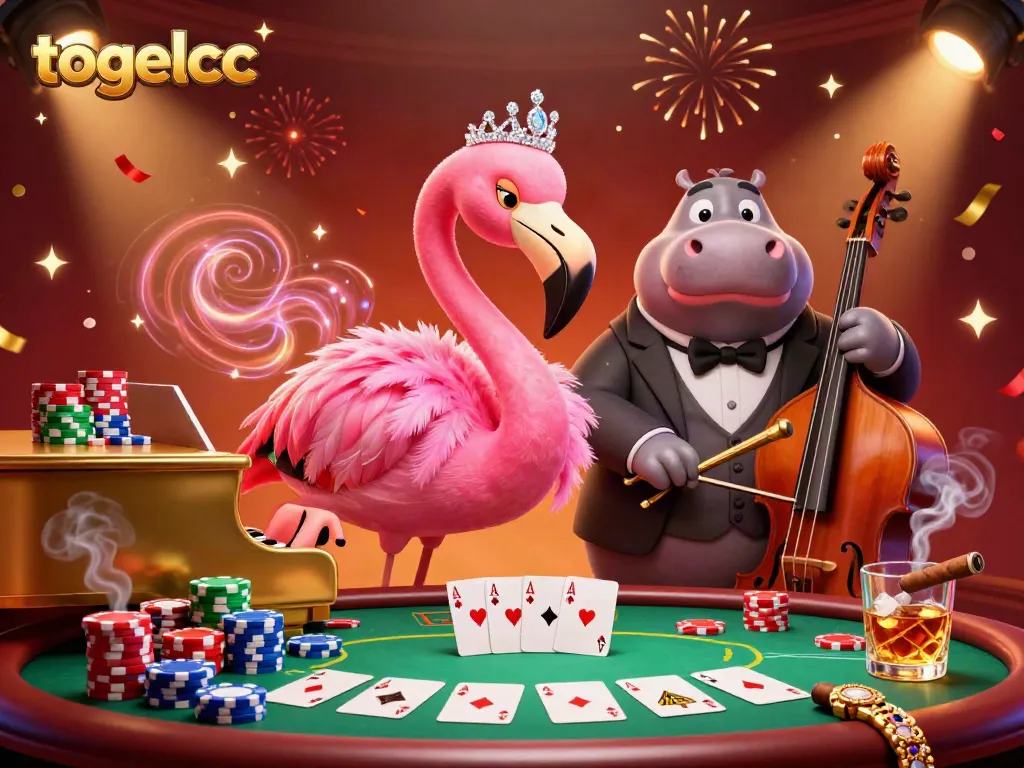 Experience the vibrant energy of togelcc with a flamingo singer, hippo bassist, and dynamic casino elements.