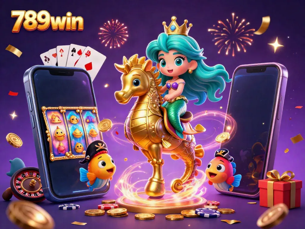 Experience the excitement of 789win with a dynamic casino-themed scene featuring vibrant characters and games.