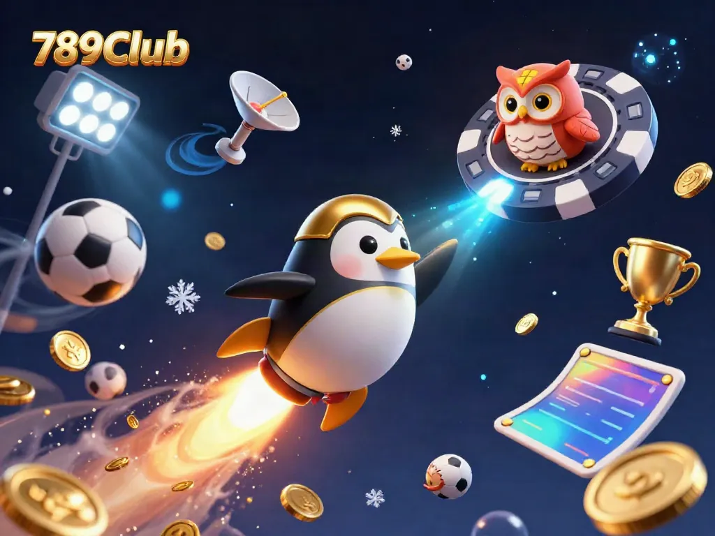 Experience the excitement of 789Club with a golden penguin flying towards a casino space station.
