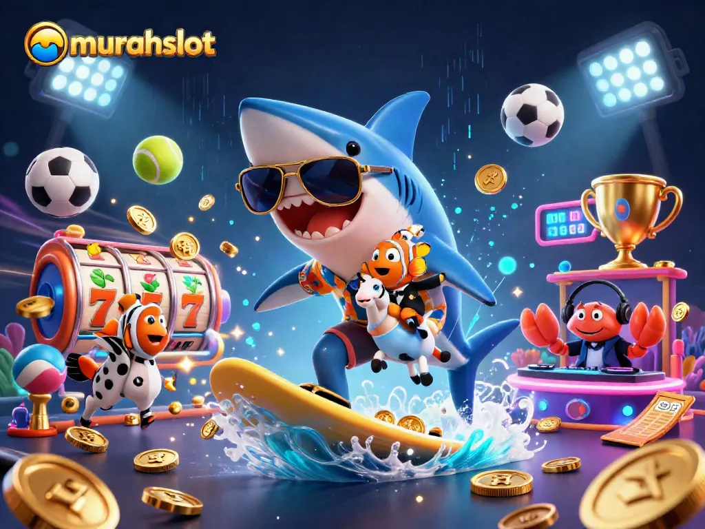 Murahslot: Menangkan putaran gratis dan jackpot dengan simbol slot ceria di samping ikan lucu dan DJ kepiting.