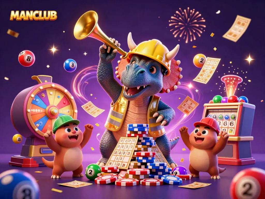 Experience the thrill of MANCLUB with dynamic casino characters, celebrating vibrant lottery wins.