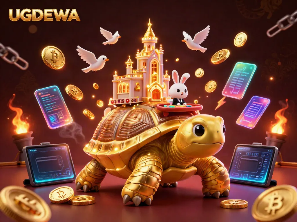 Experience the thrill of gambling on UGDEWA with a golden tortoise casino and vibrant characters.