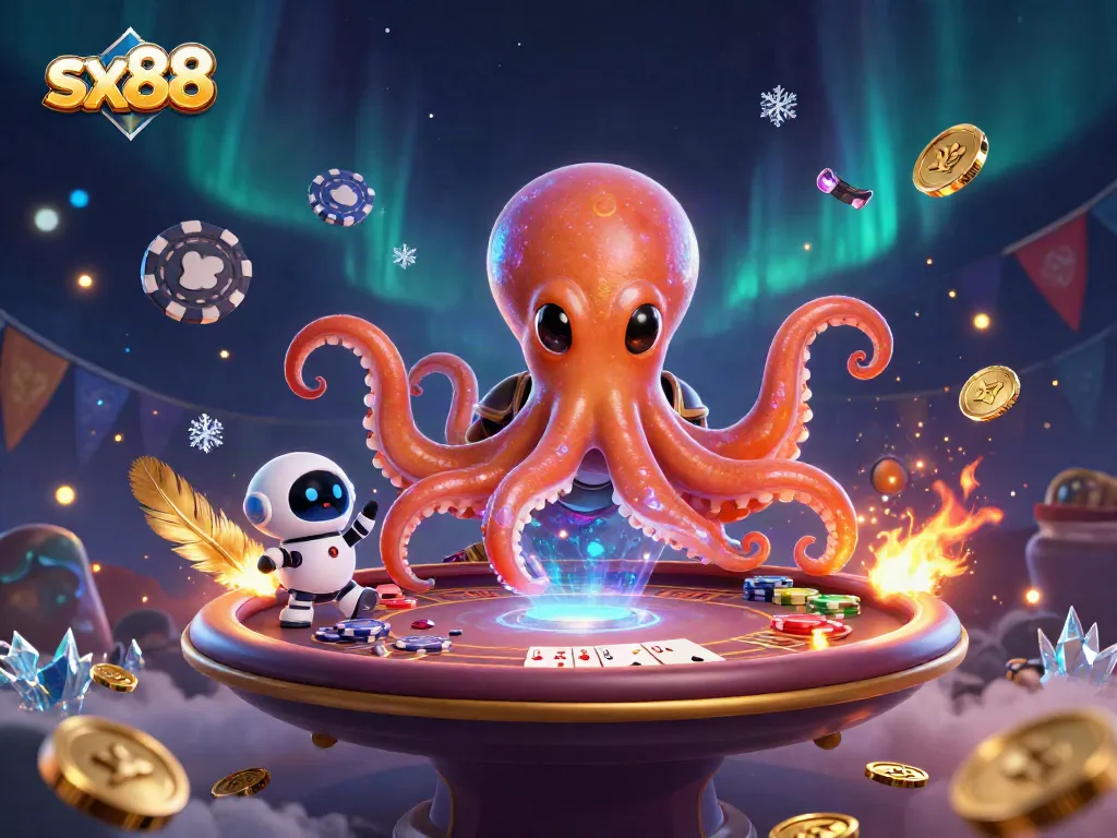 Experience exciting gameplay at sx88 with an alien octopus dealer and vibrant poker elements!