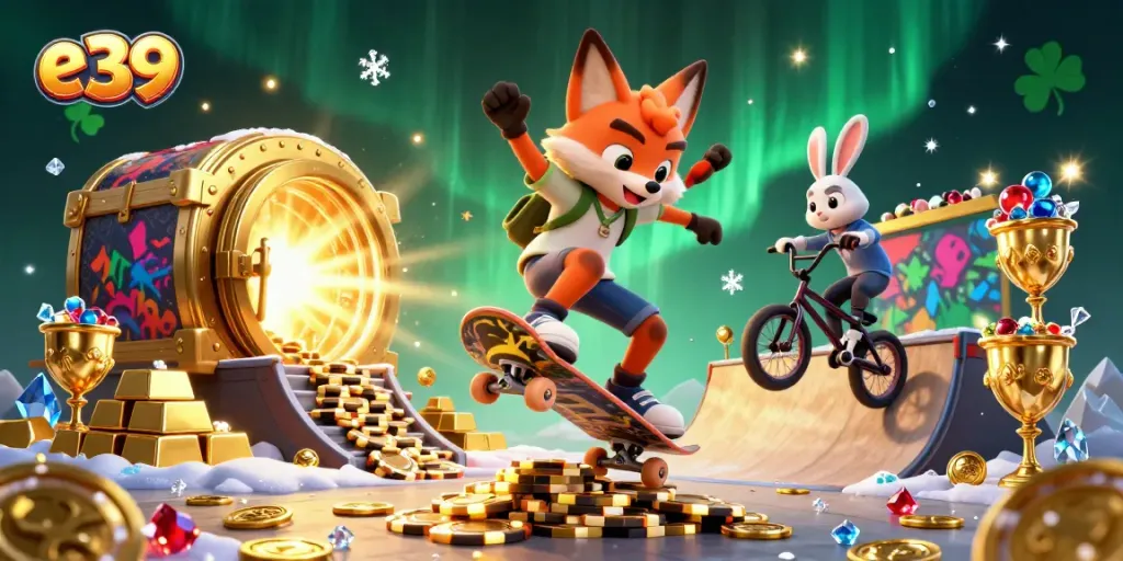 Experience the thrill of e39 with a skateboarder fox and BMX rabbit amidst sparkling treasures and casino elements.