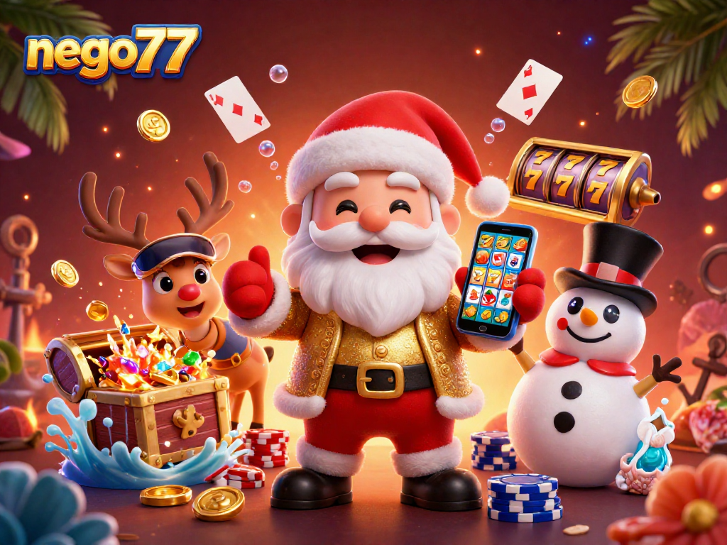 Spin to win with nego77's exciting jackpot slots in this vibrant casino scene illustration.