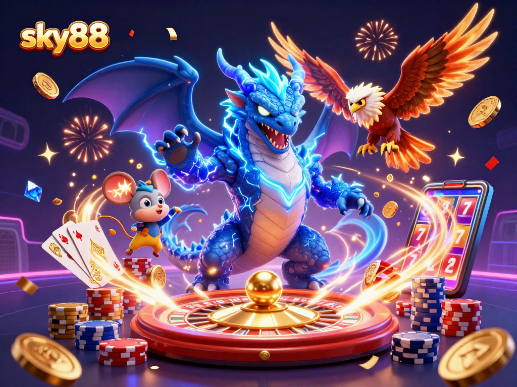 Experience thrilling jackpots and electrifying games at sky88 with vibrant characters and casino elements.