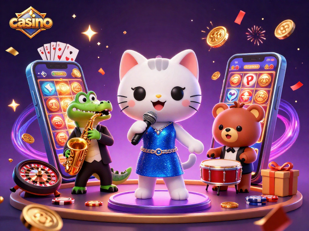 Experience the vibrant casino scene with a jazzy cat, crocodile, and bear, featuring a colorful slot game.