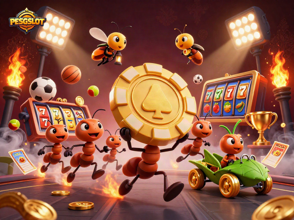 PESGSLOT card game heist scene with cartoon ants and slot reels, vibrant and engaging