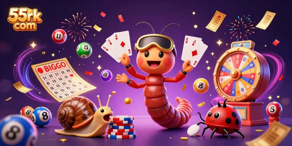Engage with the vibrant world of 55rk com as a cartoon millipede dealer showcases dynamic gaming elements and colorful lottery balls.