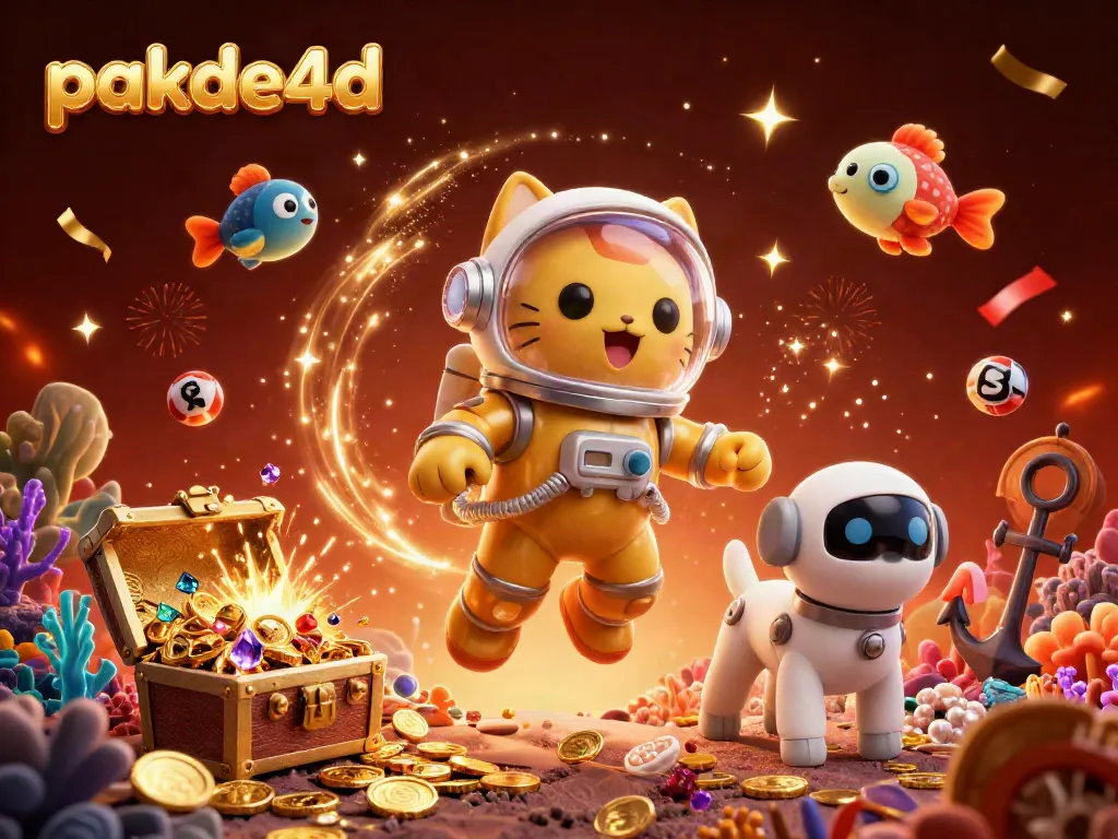 Pakde4d features a floating astronaut cat celebrating lottery wins with vibrant gold and color effects.