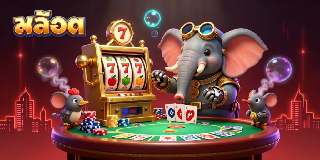 Interact with the captivating cartoon illustration featuring the slots-themed scene with a steampunk elephant, enhancing gameplay with vibrant slot icons.