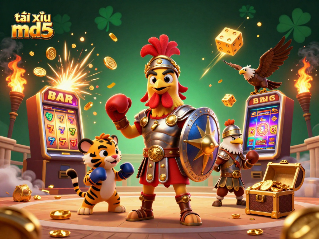 Experience the excitement of tài xỉu md5 with a striking 3D illustration of a rooster gladiator, slot machines, and casino elements.
