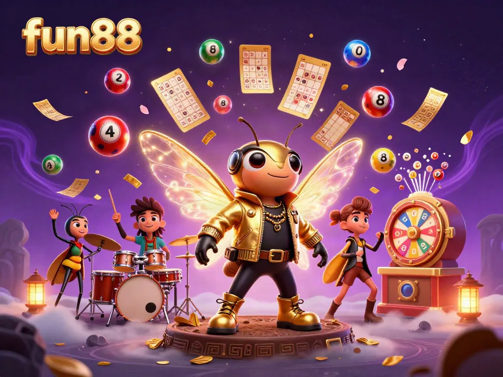 Experience the thrill of fun88 with vibrant casino-themed elements and lively cartoon characters.