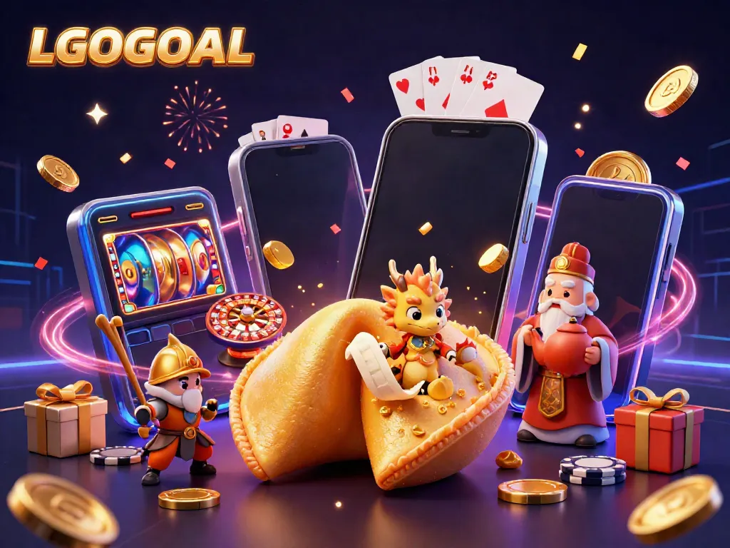 Engage with LGOGOAL's vibrant 3D casino world showcasing fortune cookies and colorful slot games.