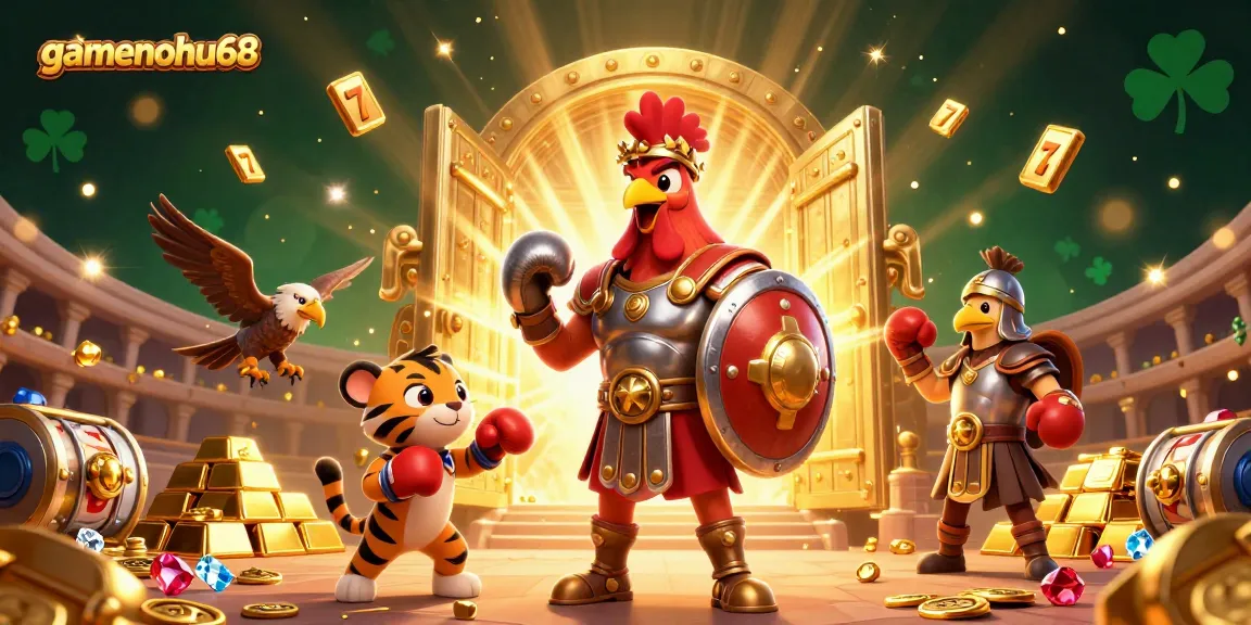 Experience gamenohu68 with action-packed slot reels surrounded by golden treasures and festive characters.
